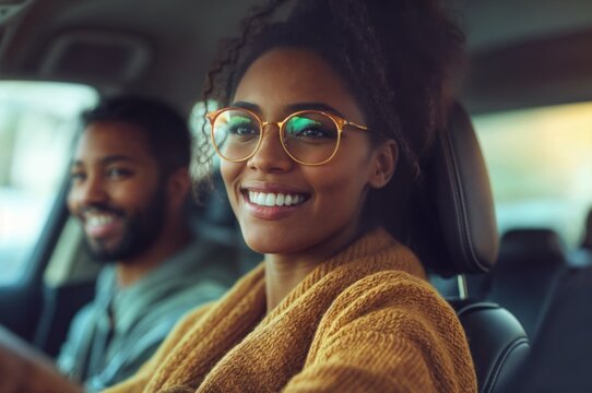 Mulher negra sorrindo enquanto dirige o carro, com seu companheiro ao lado