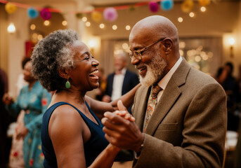 Senior couple is laughing and dancing at a party with their friends
