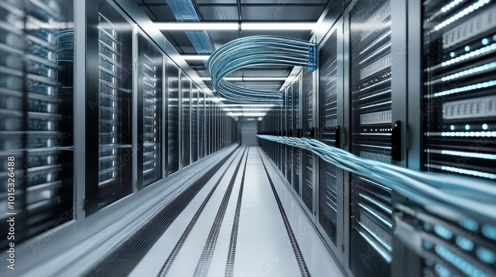 Poster internet lan cable in a modern server room for storing and transmitting information through a secure