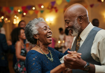 Elegant senior couple is joyfully dancing and laughing together at a party