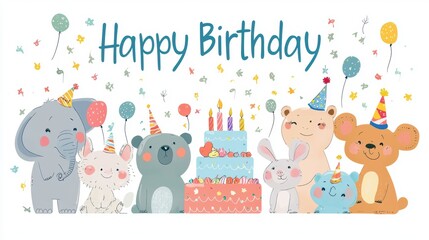Naklejka premium Cheerful Birthday Card with Smiling Animals and Festive Cake Design for Kids' Celebrations