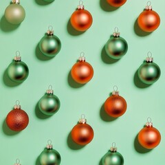 Pattern made of Christmas ornaments orange and green color against pastel green background