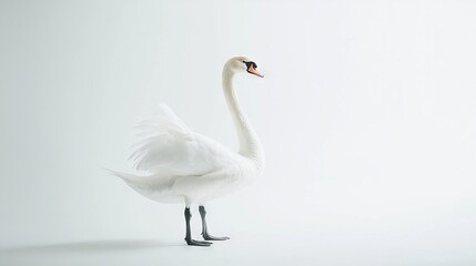 Fototapeta premium White swan standing on hind legs, wings spread, head turned