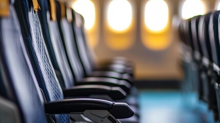Fototapeta premium Cozy Airplane Cabin Interior: Rows of Comfortable Seats with Bokeh Window Views