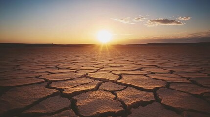 Obraz premium Sunset Over a Dying Earth and Scorched Earth: A dramatic desert scene highlighting the devastating effects of global warming,offering a stark reminder of environmental challenges.