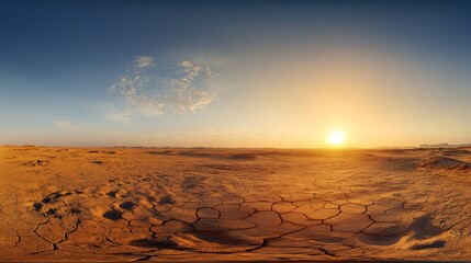 Sunset Over a Dying Earth and Scorched Earth: A dramatic desert scene highlighting the devastating effects of global warming,offering a stark reminder of environmental challenges.