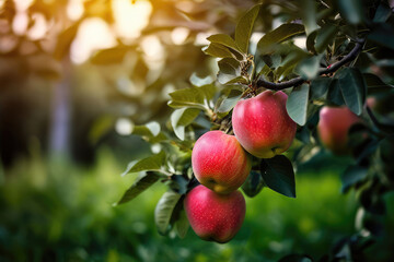 Obraz premium Organic ripe apple fruits in sunlight. Fruit trees in a summer garden.