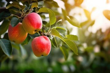 Organic ripe apple fruits in sunlight. Fruit trees in a summer garden.