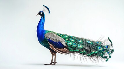 Fototapeta premium Close-up of a peacock on white background with blue tail and feathers spread across its body