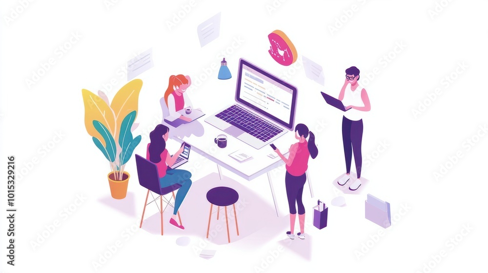 Poster office laptop diversity teamwork and happy people review media application layout creative design or
