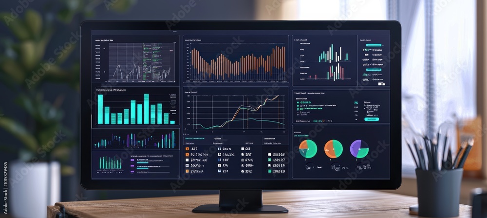 Poster digital dashboard displaying robust financial portfolio with graphs indicating strong financial heal