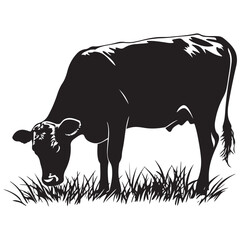 Cow silhouette Vector Illustration, Cow Grazing On Meadow, Dairy farm cow vector silhouette icon. Beef cattle cow animal farmer isolated illustration