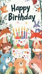 Fototapeta premium Colorful Cartoon Animals Celebrating with Birthday Cake for Kids' Party Decor