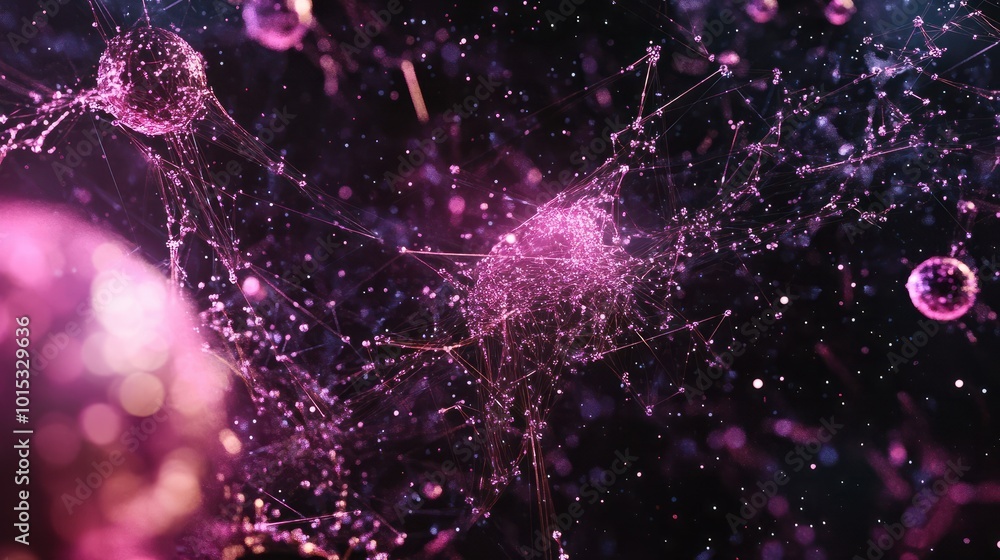 Aufkleber particles in a digital cyberspace with a network of digital data connections.