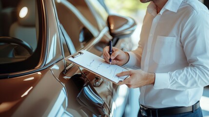 Fototapeta premium Close-up of a car salesman writing on a clipboard at a modern dealership