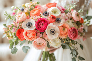 Vibrant Wedding Bouquet: Anemones and Ranunculus with Pink, Orange, and White Petals