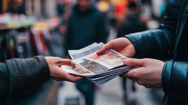 Person handing an advertising flyer to another. Exchange of promotional material. Concept of direct marketing, promotion, and interaction.
