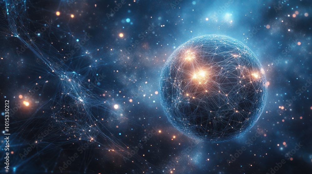 Poster Planet with glowing neural connections in dark space. digital illustration depicting global network connection, future connectivity light