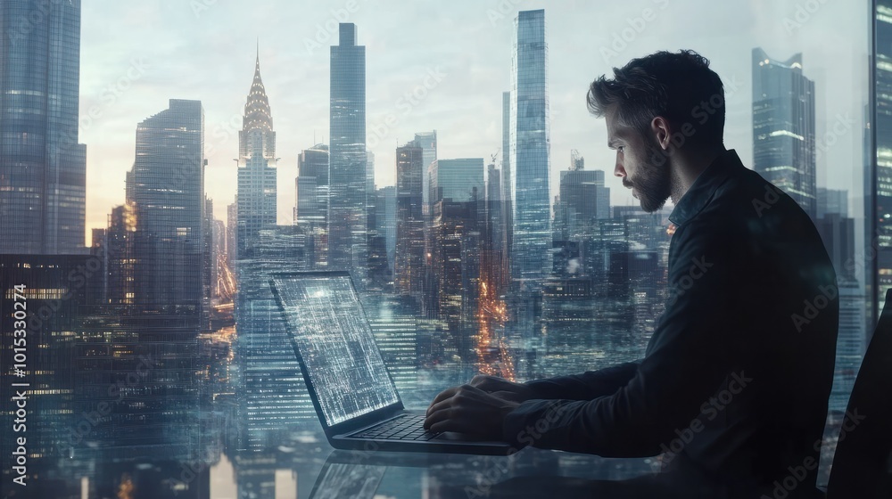 Poster portrait of a businessman working on a laptop computer at office with transparency letting see a mod