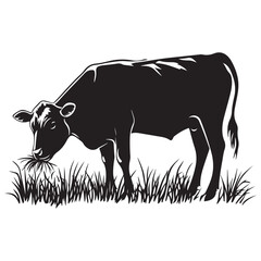Cow silhouette Vector Illustration, Cow Grazing On Meadow, Dairy farm cow vector silhouette icon. Beef cattle cow animal farmer isolated illustration