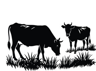 Cows eat grass in the field silhouette vector art.eps