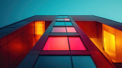 Fototapeta premium Vibrant Urban Architecture with Colorful Geometric Glass Facade at Dusk