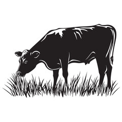 Cow silhouette Vector Illustration, Cow Grazing On Meadow, Dairy farm cow vector silhouette icon. Beef cattle cow animal farmer isolated illustration
