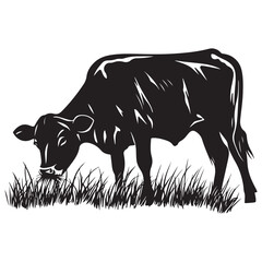 Cow silhouette Vector Illustration, Cow Grazing On Meadow, Dairy farm cow vector silhouette icon. Beef cattle cow animal farmer isolated illustration