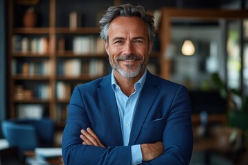 Fototapeta premium Happy middle aged business man ceo standing in office arms crossed. Smiling mature confident professional executive manager, proud lawyer, businessman leader wearing blue suit