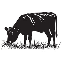 Cow silhouette Vector Illustration, Cow Grazing On Meadow, Dairy farm cow vector silhouette icon. Beef cattle cow animal farmer isolated illustration