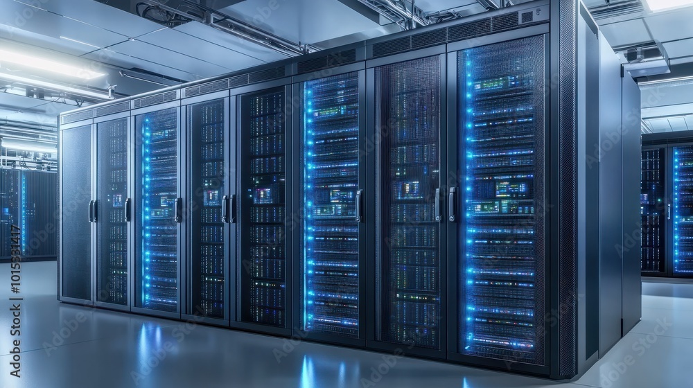 Poster server racks in computer network security server room data center.
