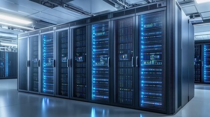 Server racks in computer network security server room data center.