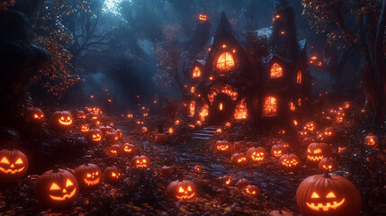 Fototapeta premium Halloween lanterns around the house. Halloween decorations around the house