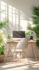 Fototapeta premium Sunlit Home Office with Modern Desk and Lush Greenery for a Serene Workspace
