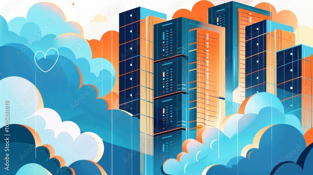 Poster abstract technology illustration of data centers in stylized clouds, showcasing modern architecture 