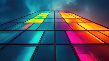 Obraz premium Vibrant Abstract Glass Building Facade with Colorful Reflections Under Dramatic Sky