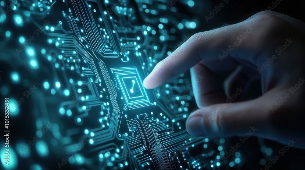 Poster stock circuit board in the shape of an electronic pcb circuit icon on a businessman's hand touching 