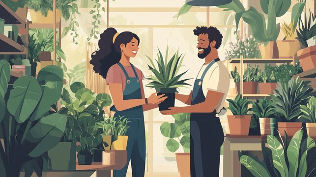 A cheerful and approachable shop assistant is guiding a couple in their selection of a houseplant.