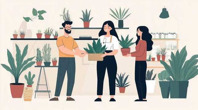 A cheerful and approachable shop assistant is guiding a couple in their selection of a houseplant. - Powered by Adobe
