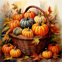 A basket full of pumpkins. Thanksgiving day, abundance, harvest concept.
