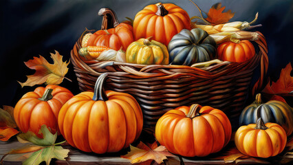 A basket full of pumpkins. Thanksgiving day, abundance, harvest concept.