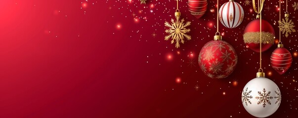 Christmas red banner background with glossy balls and snowflakes hanging on ribbon. Merry christmas greeting card. Luxury and elegant xmas holiday design. , Generative AI
