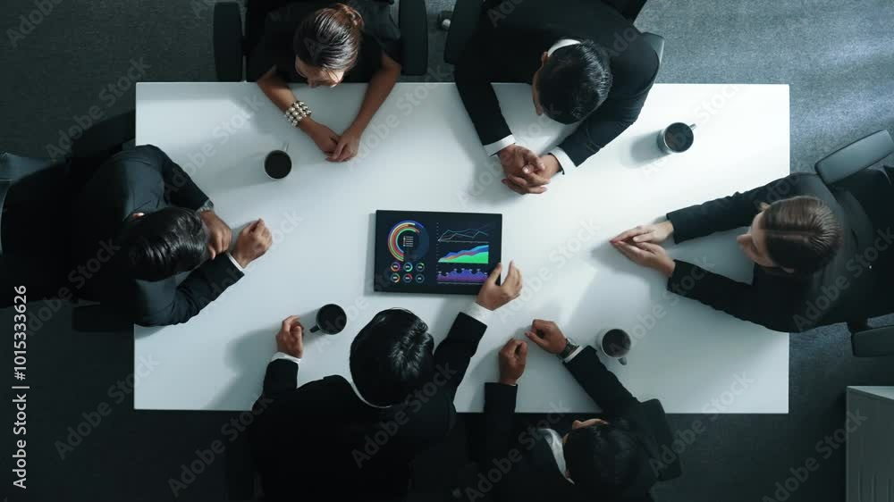Poster top down aerial view of smart businessman looking at financial chart while hold tablet display stock