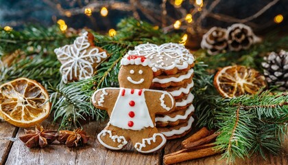 Cozy Christmas background with  Christmas decorations and ornaments and gingerbread man in front