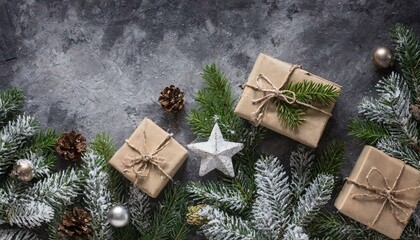 Stylish  and cozy Christmas background with presents and Christmas decorations