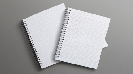 The notebook sheets set is a set of lined, checkered, and dotted pages that can be used for memo pads and a daily planner template notepad with a binder iron spiral isolated on gray background. The
