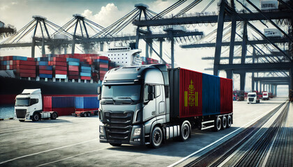 Modern freight truck with an Mongolia flag container at a busy port, surrounded by cargo ships and cranes. Ideal for showcasing global shipping, logistics, and transportation