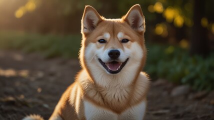 A happy, fluffy, red and white Shiba Inu dog sits looking at the camera in a sun-drenched forest.