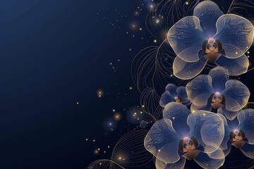 Luxury orchid background design with golden line on dark blue color. Orchid flowers line arts design for wallpaper, banner, prints, invitation and packaging design. , Generative AI