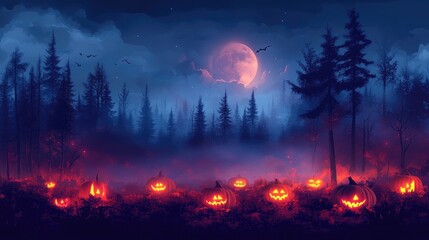 Eerie Halloween Night with Glowing Jack-o'-Lanterns under a Full Moon in a Spooky Forest